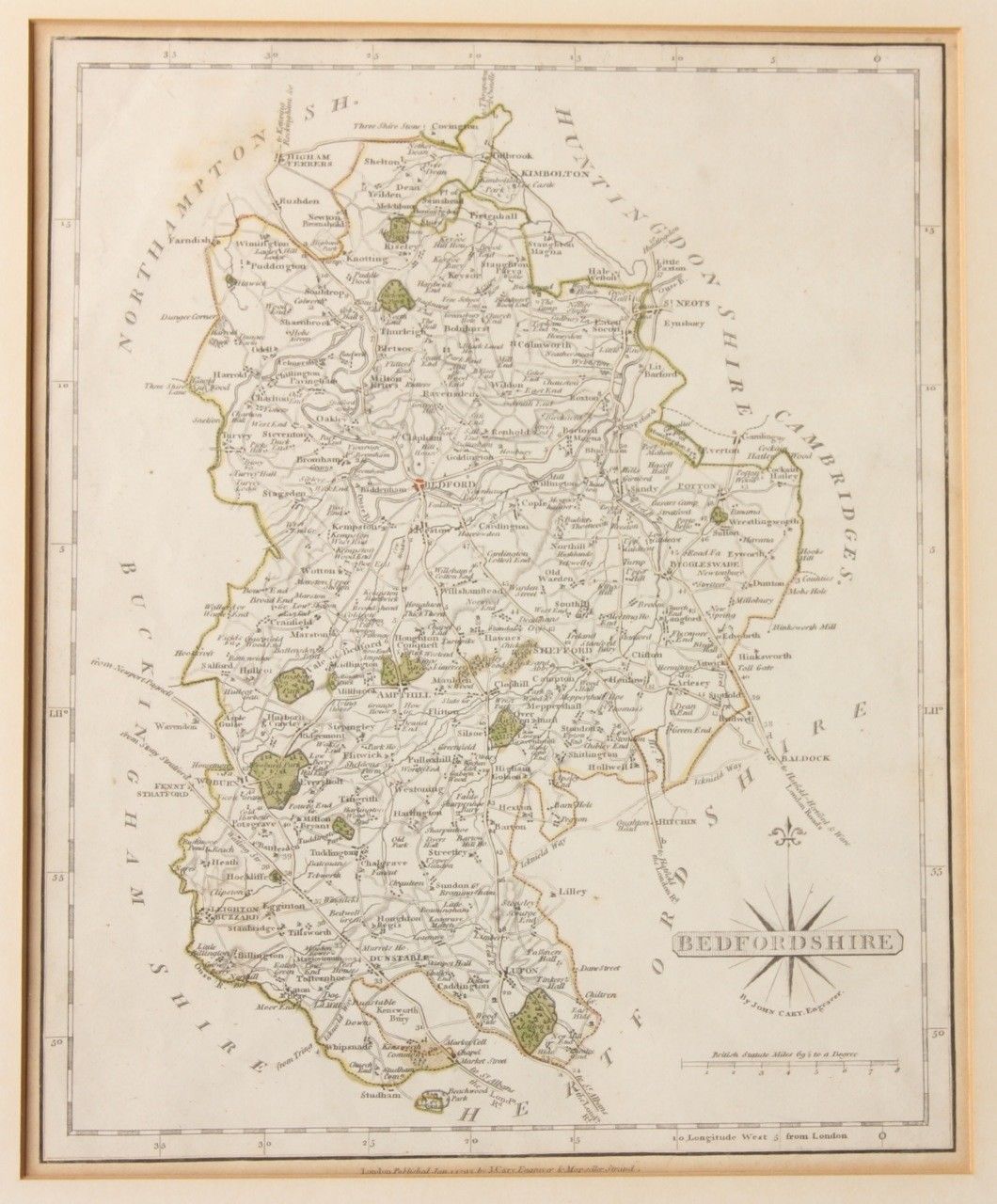 1793 Map of Bedfordshire by J. Cary. Framed.