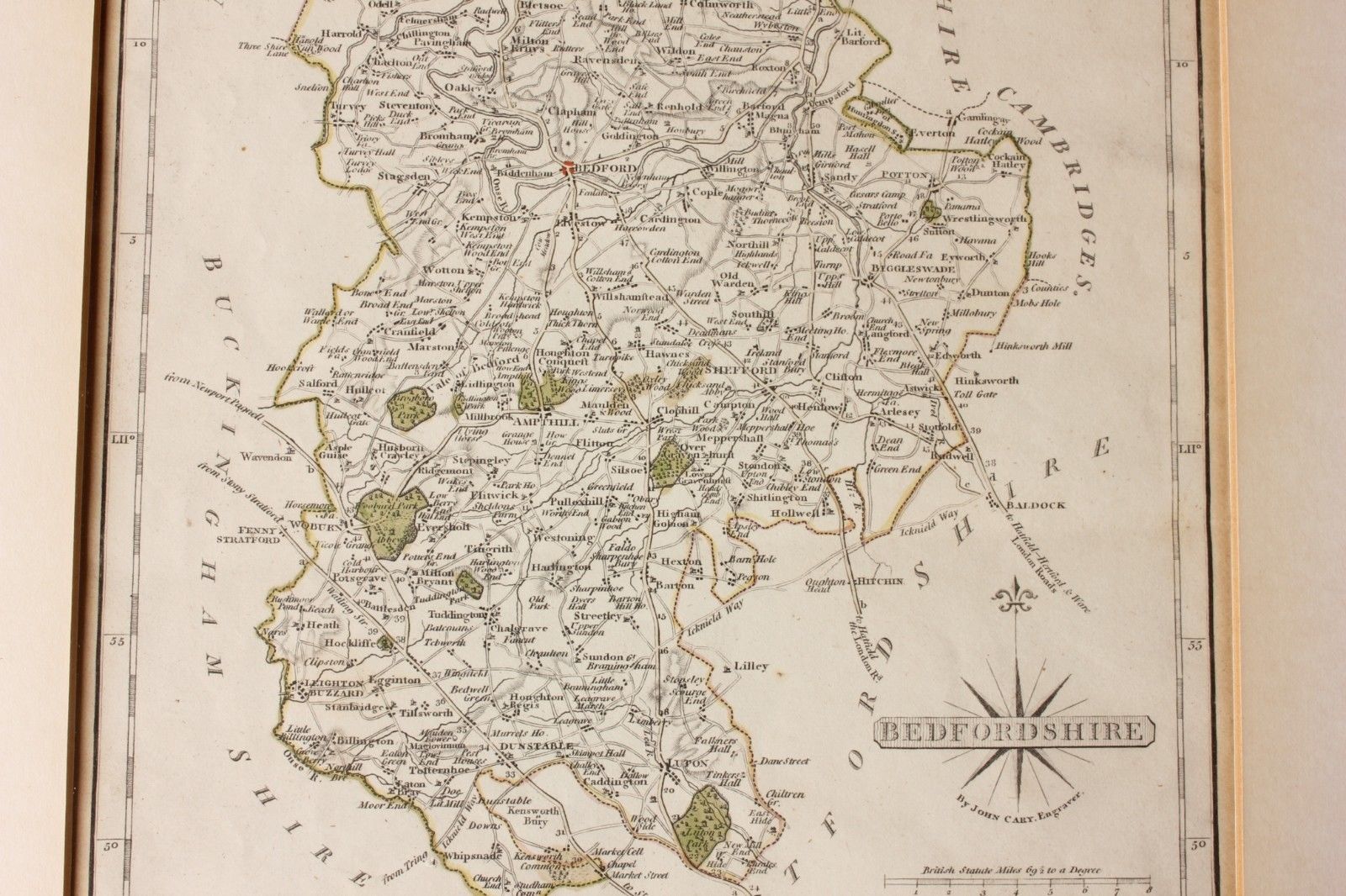 1793 Map of Bedfordshire by J. Cary. Framed.