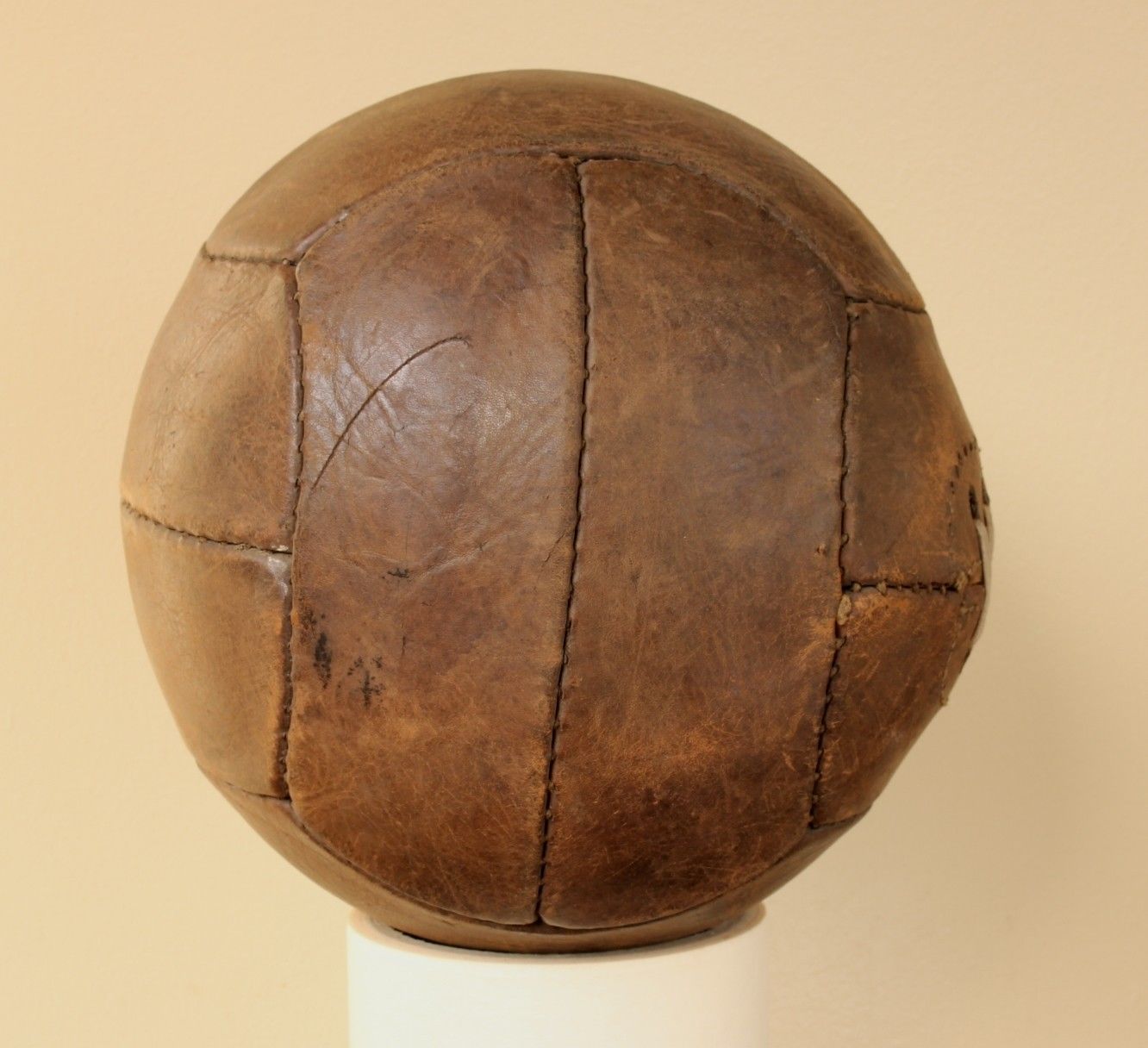 1930 12 Panel Brown Leather Football. Old Antique Laced Soccer Ball.