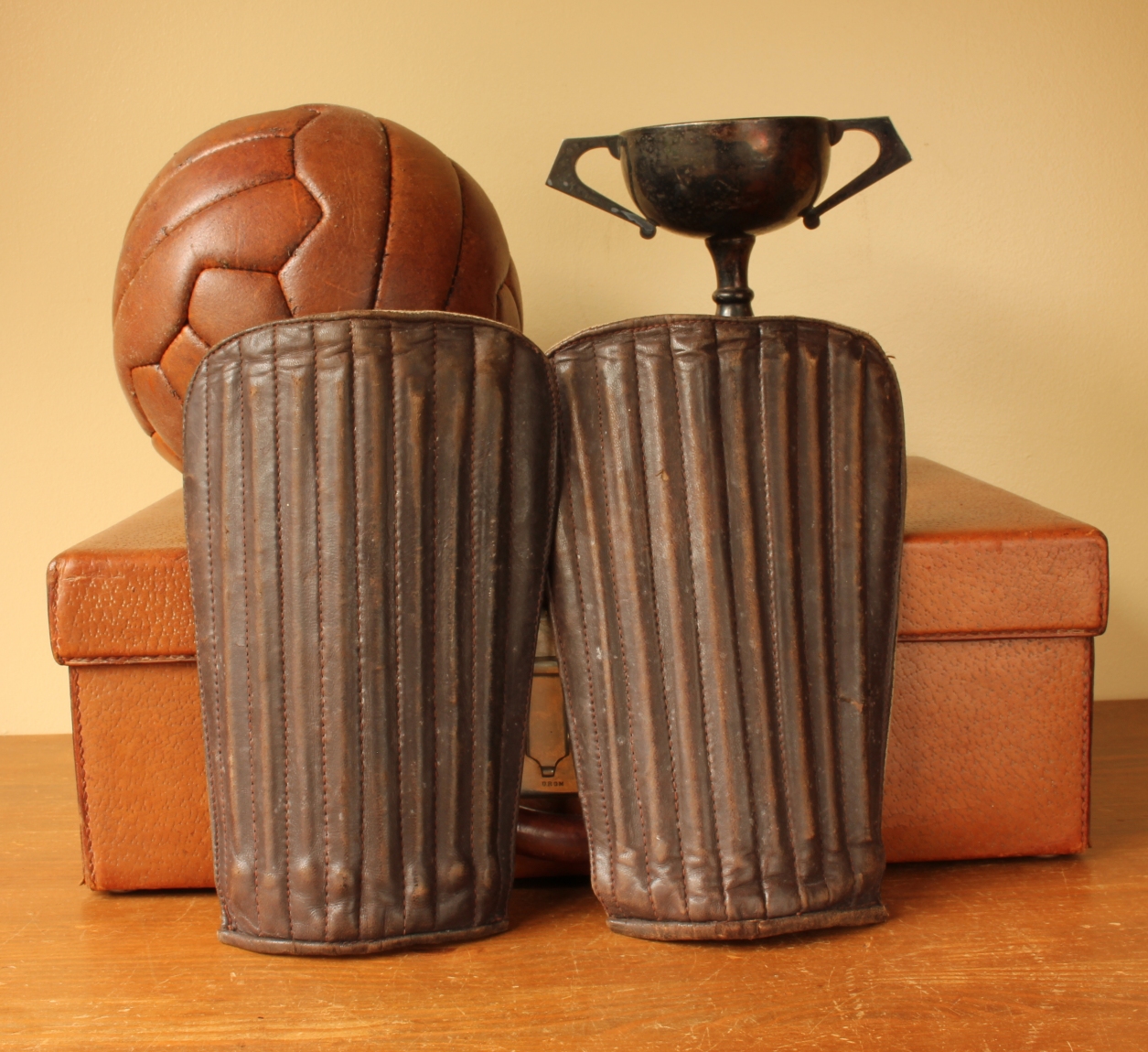 Leather Football Shin Pads. Old Soccer Shinpad Guards c1950.