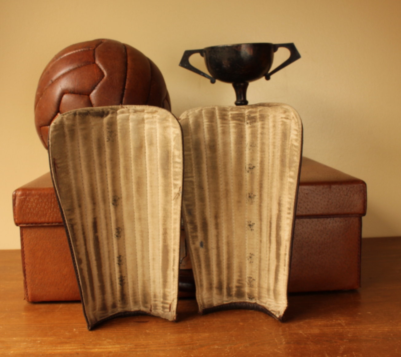 Leather Football Shin Pads. Old Soccer Shinpad Guards c1950.