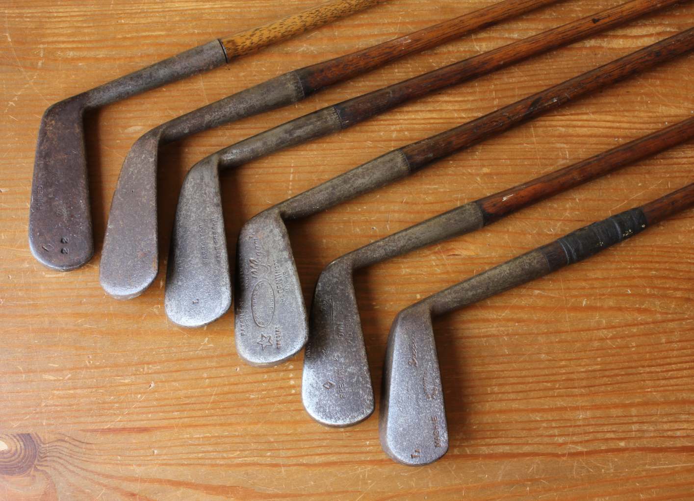 6 Antique Hickory Golf Clubs. Mashie, Putter for Display c1890.