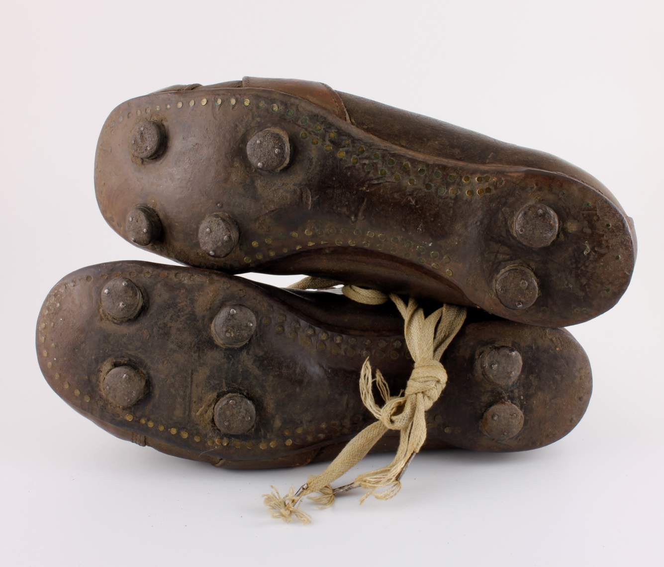 Brown Leather Football Boots. Old Nailed Studs Soccer Shoes Cleats c1930.