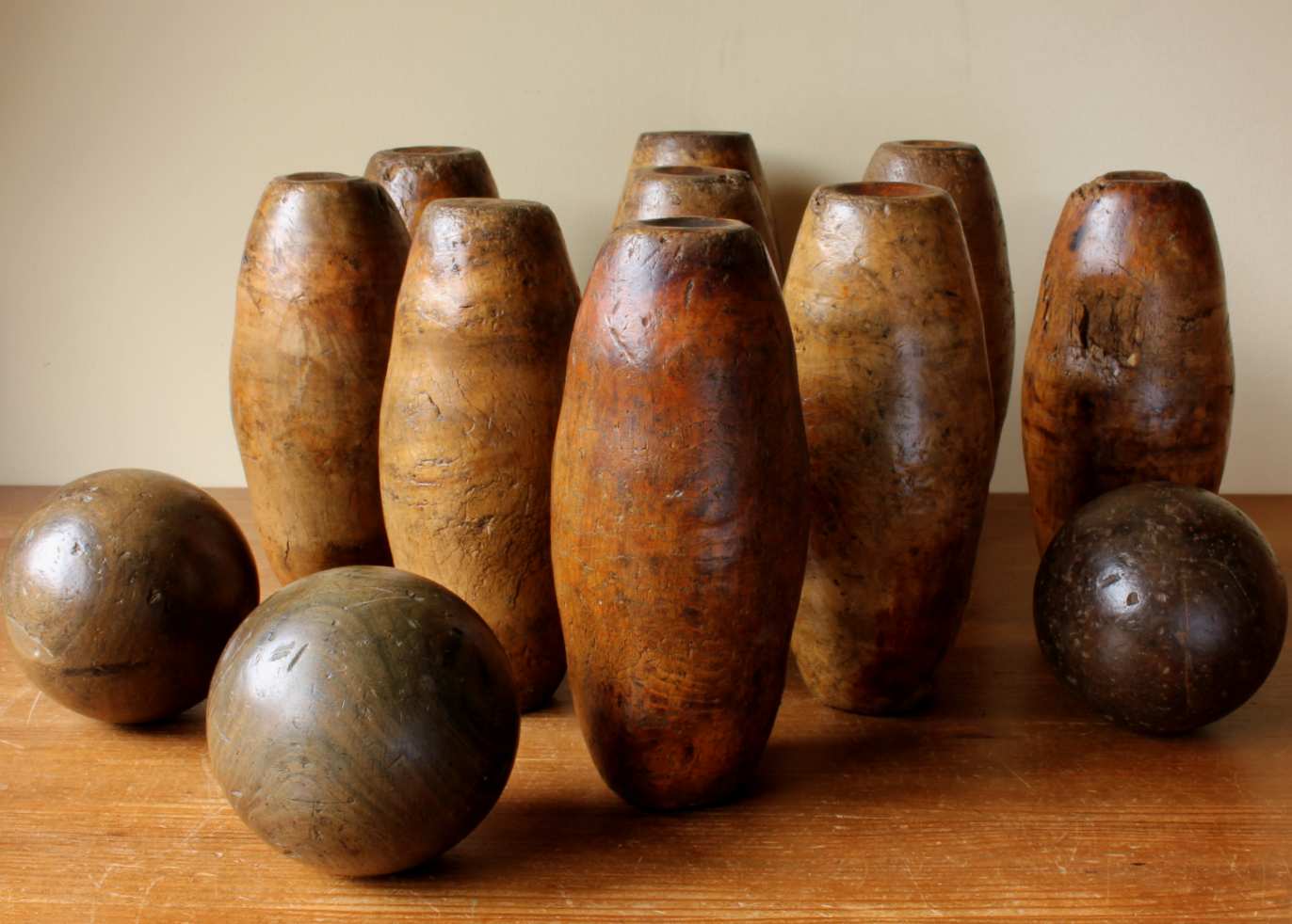 Traditional Wooden Garden Skittles & Balls. British Wood Pub Skittles.