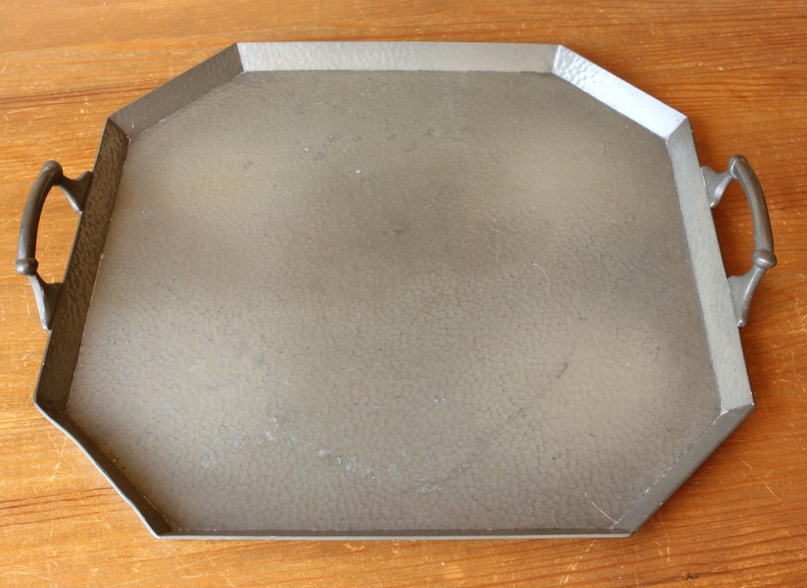 Octagonal Craftsman Art Deco Hammered Pewter Tea Tray. Hand Beaten