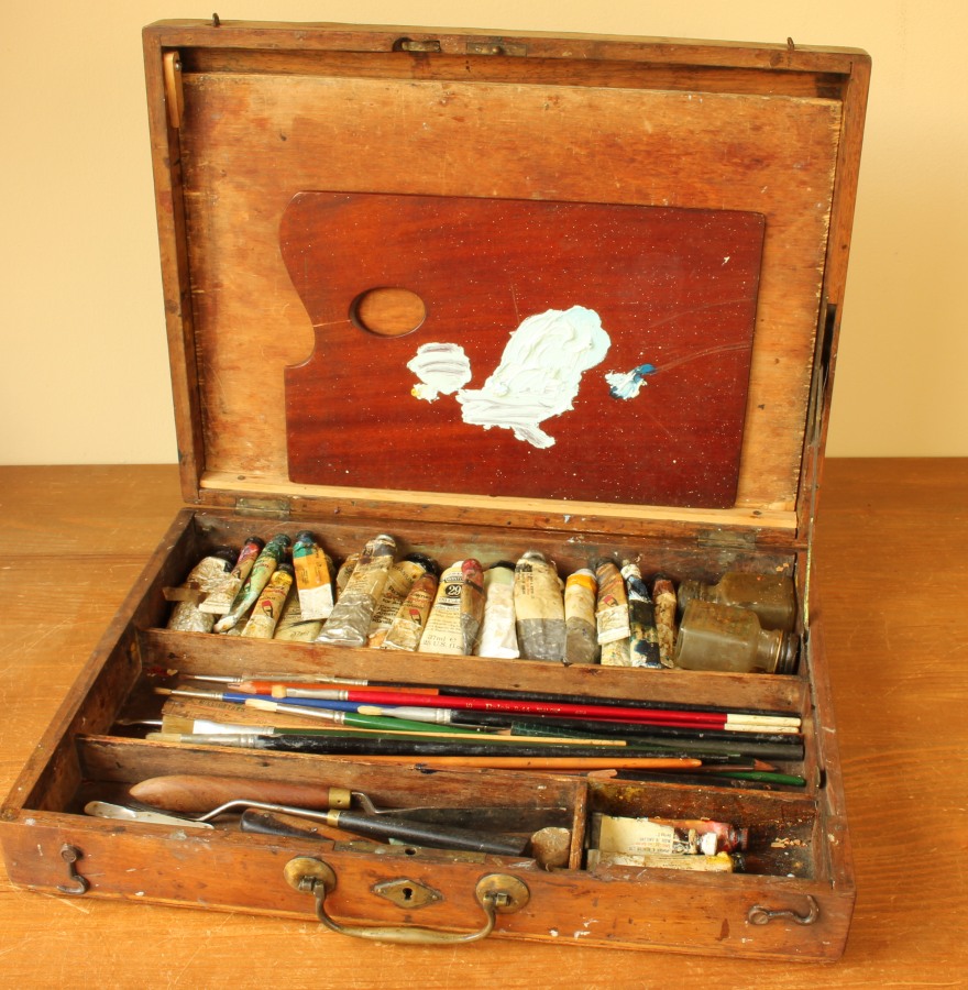 Artist Box. Victorian Paint Box. Oil Paint, Brushes, Pallet.
