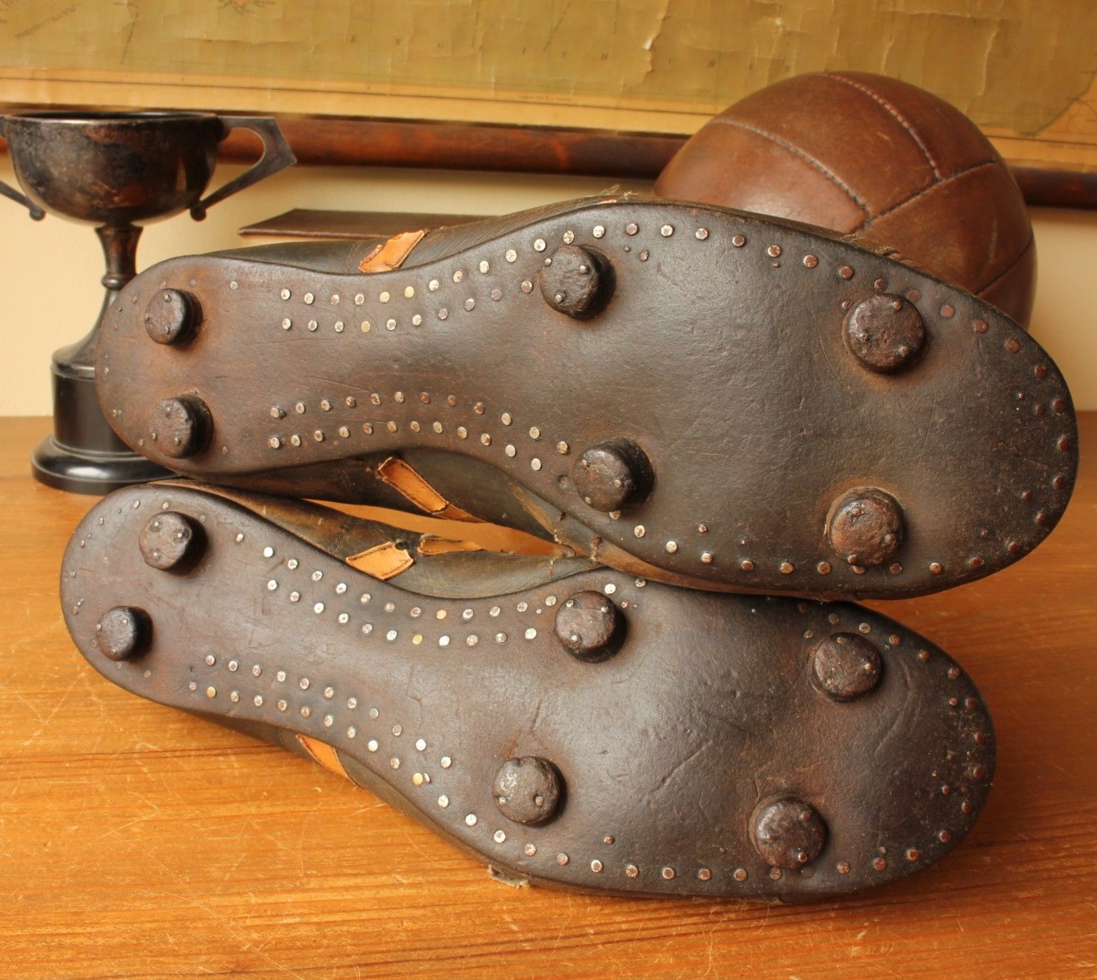 Leather Football Boots. Nailed On Soles & Studs. Old Soccer Cleats c1950.
