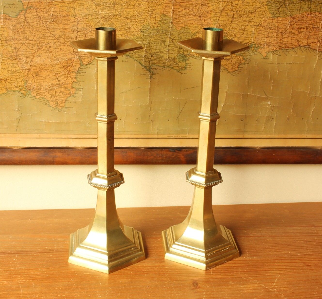 Pair of Large and Heavy Brass Ecclesiastical Altar Candlesticks. Candle