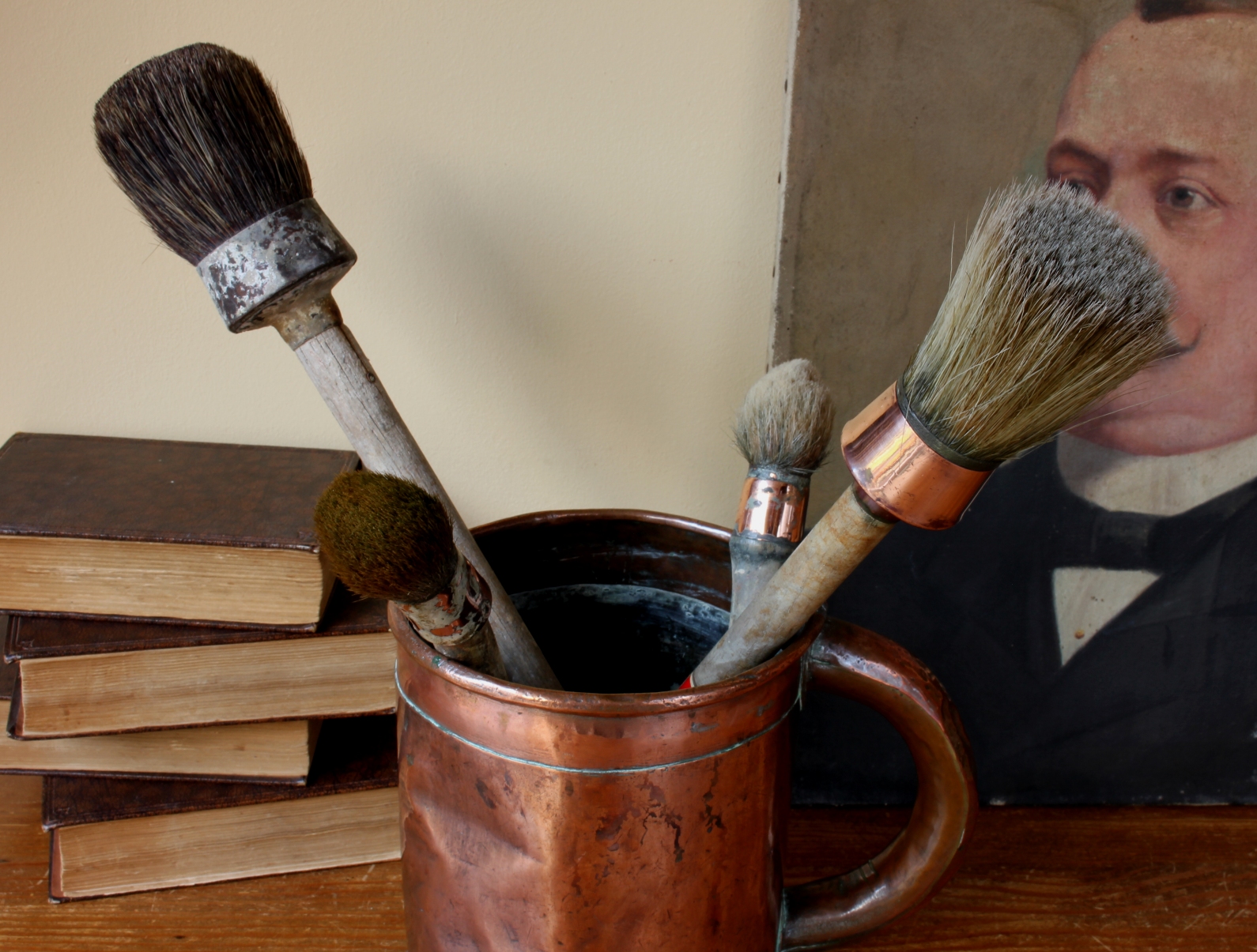 Rustic Large Copper Measure Pot & French Paint Brushes. Home Decor.