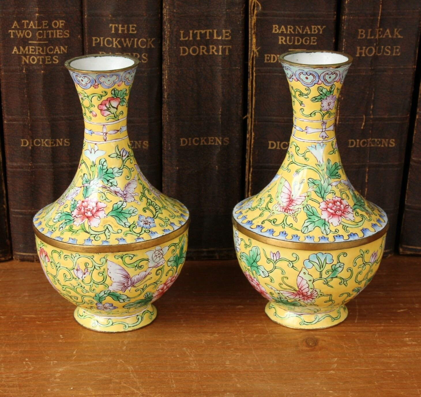 Pair Small Chinese Famille Rose Enamel Baluster Vases. Yellow Flower