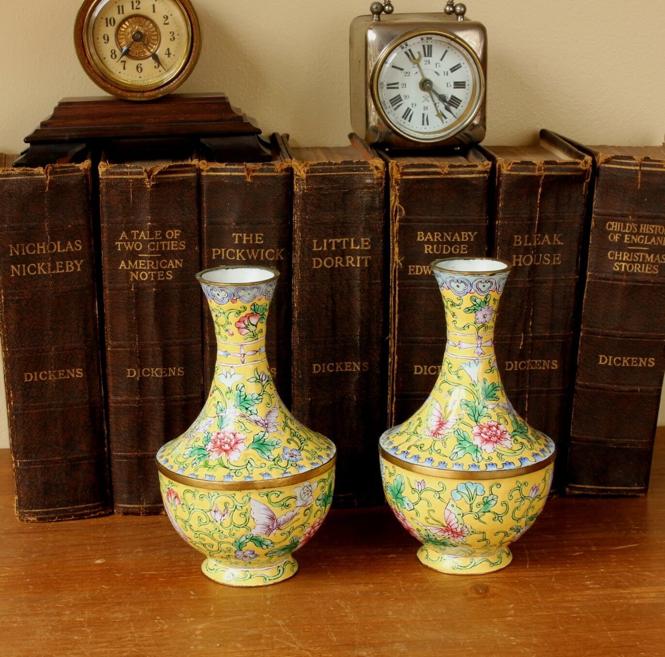 Pair Small Chinese Famille Rose Enamel Baluster Vases. Yellow Flower