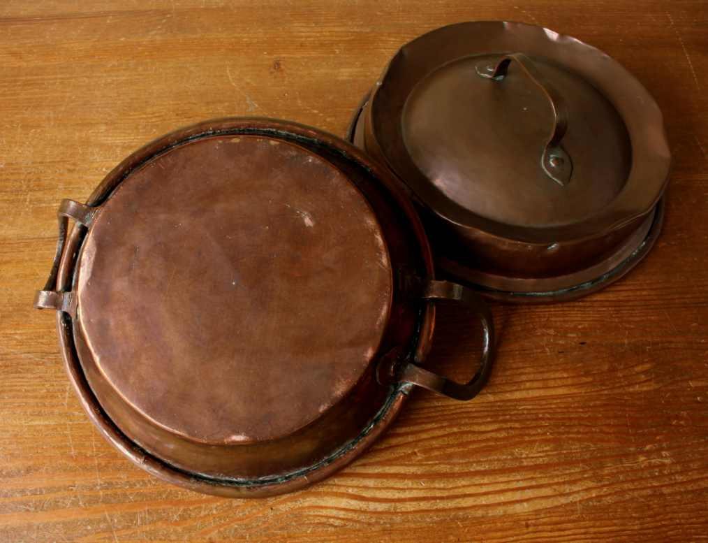 French Copper Chestnut Roaster Pan & Lid. Rustic Lidded Nut Dish Bowl.