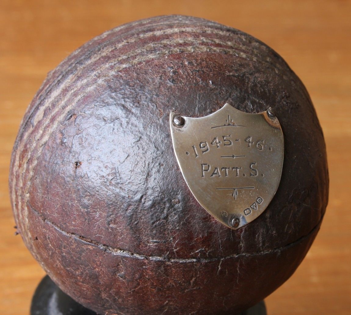 Old Mounted Brown Leather Cricket Ball Trophy with Silver Plaque 1945 1946.