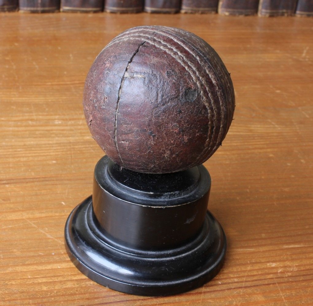 Old Mounted Brown Leather Cricket Ball Trophy with Silver Plaque 1945 1946.