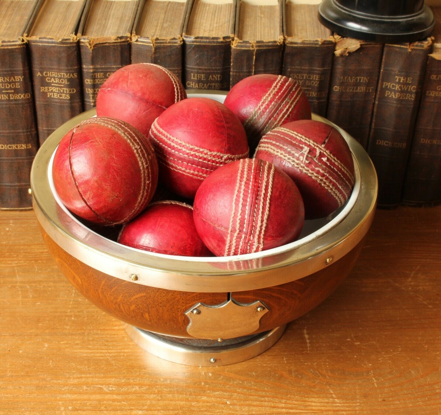Antique English Oak Silver Plated Trophy Bowl & Old Leather Cricket