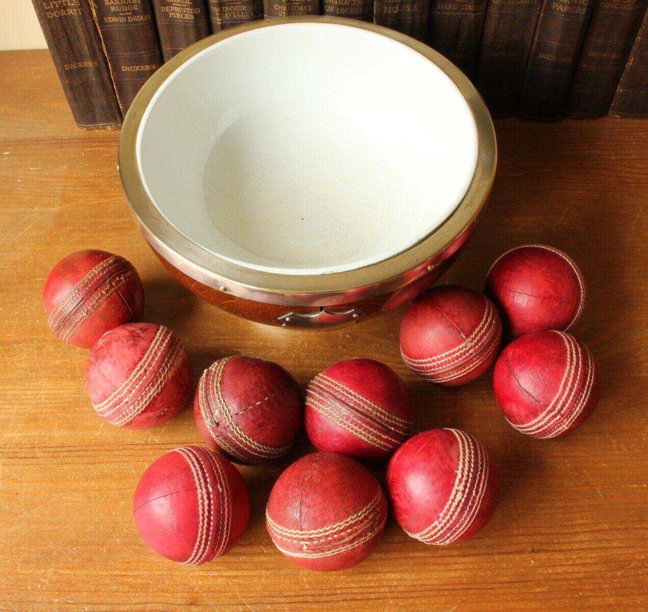 Antique English Oak Silver Plated Trophy Bowl & Old Leather Cricket Balls c1883.