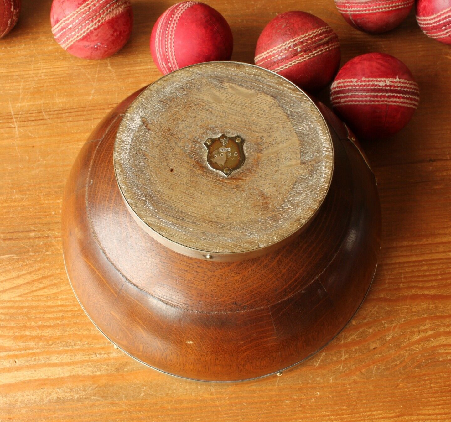 Antique English Oak Silver Plated Trophy Bowl & Old Leather Cricket Balls c1883.