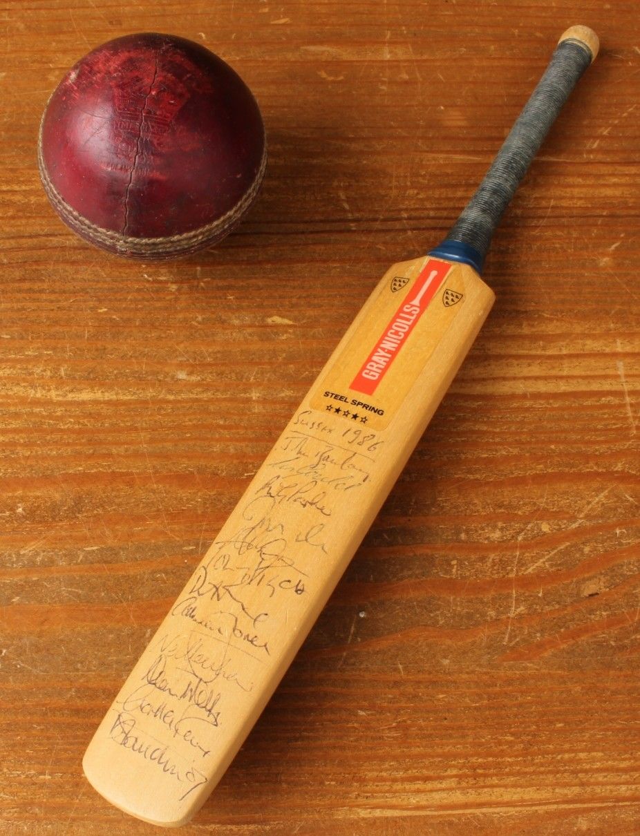Miniature Gray Nicolls Original Autograph Mini Cricket Bat Sussex 1986.