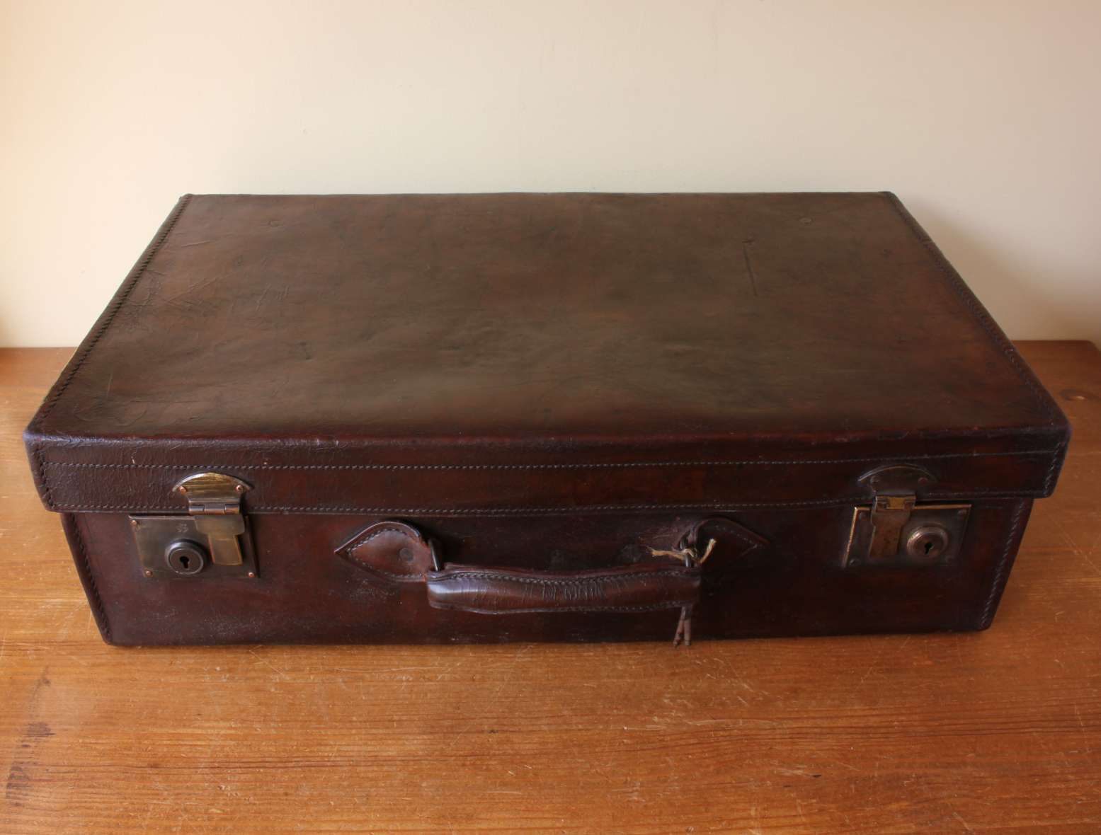 Large Dark Brown Leather Suitcase. Vintage Travel Trunk Case. Shop Decor.