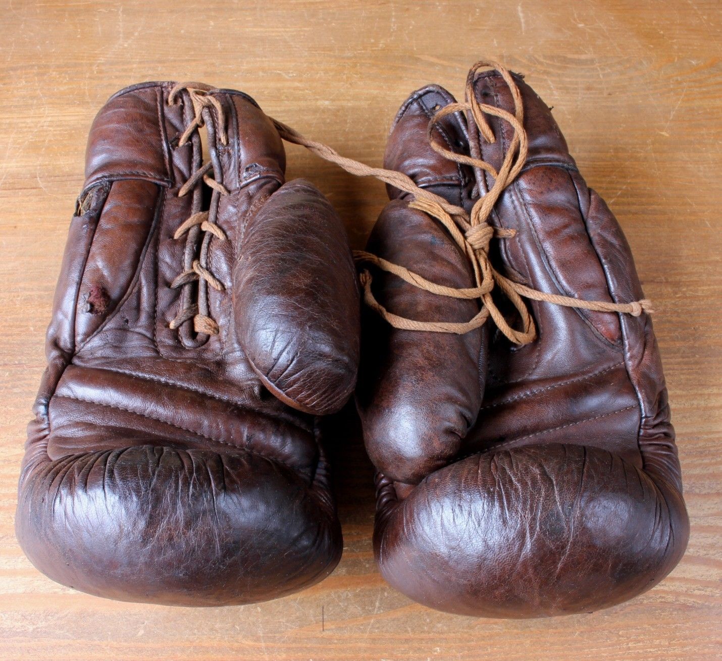 Sykes Decathlon Boxing Gloves. Old Vintage Leather Straw Filled c1920.