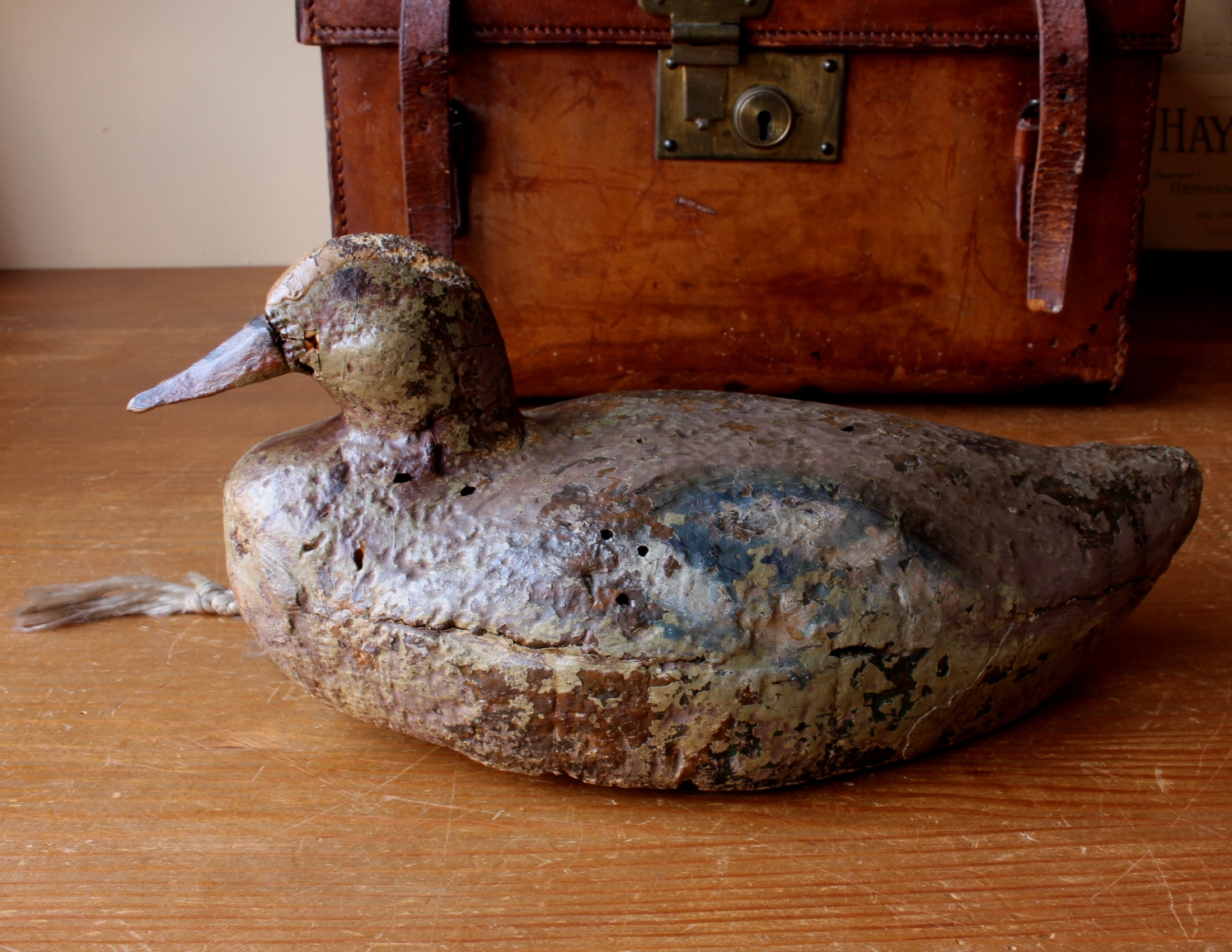 Early Painted Cork Decoy Duck. Wood Beak. Folk Art Bird.