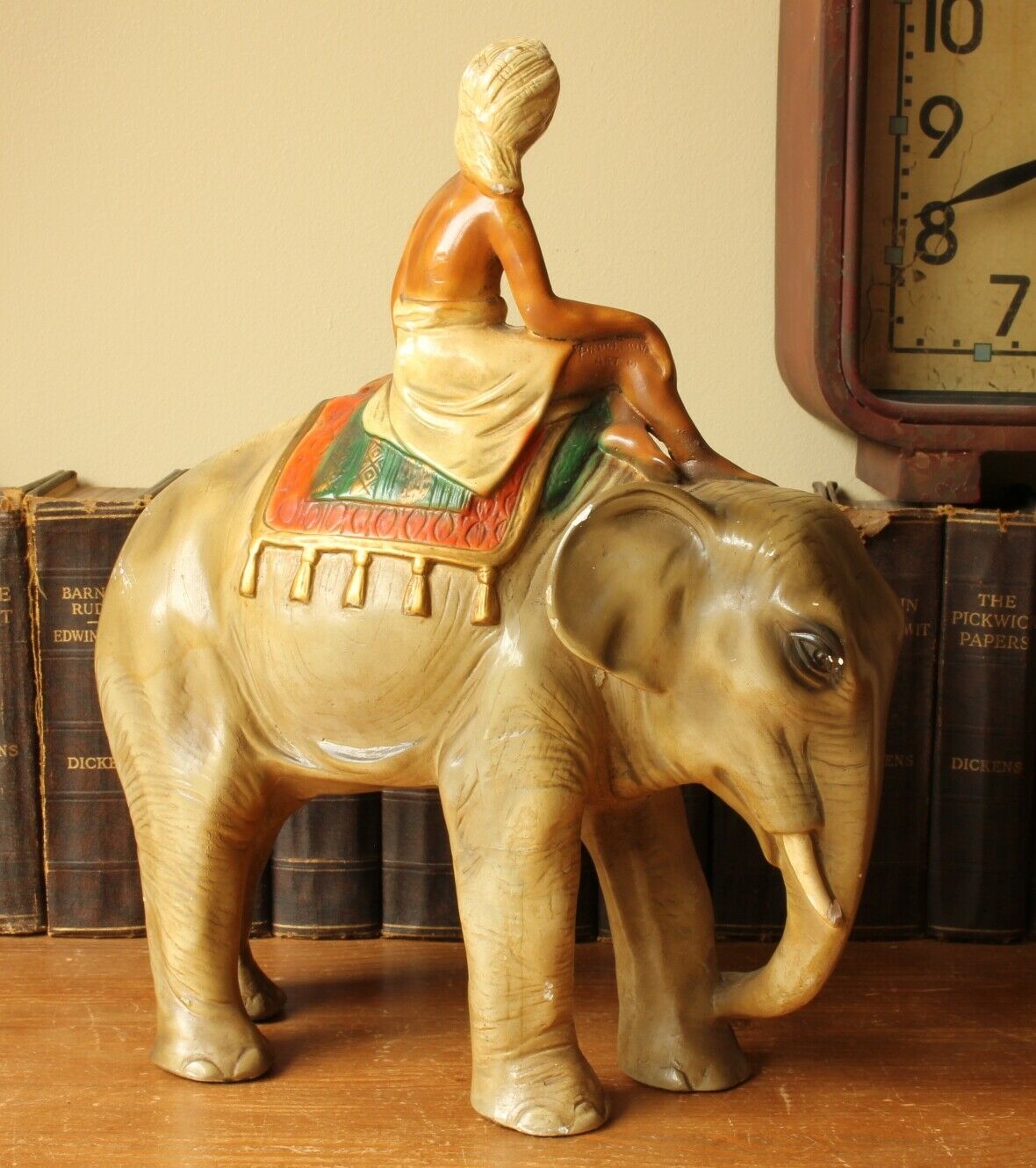 Large Elephant and Mahout Figure. Retro Kitsch Animal Statue Ornament.