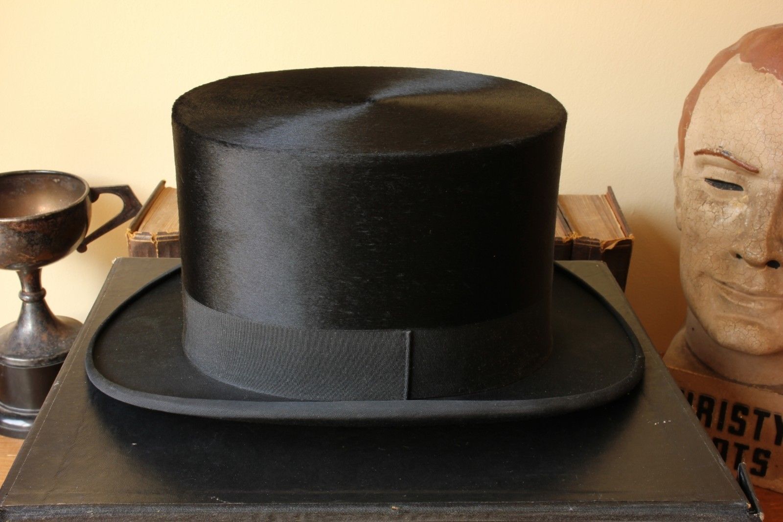Empire Super Quality Silk Top Hat & Case. Antique Black Moleskin Plush