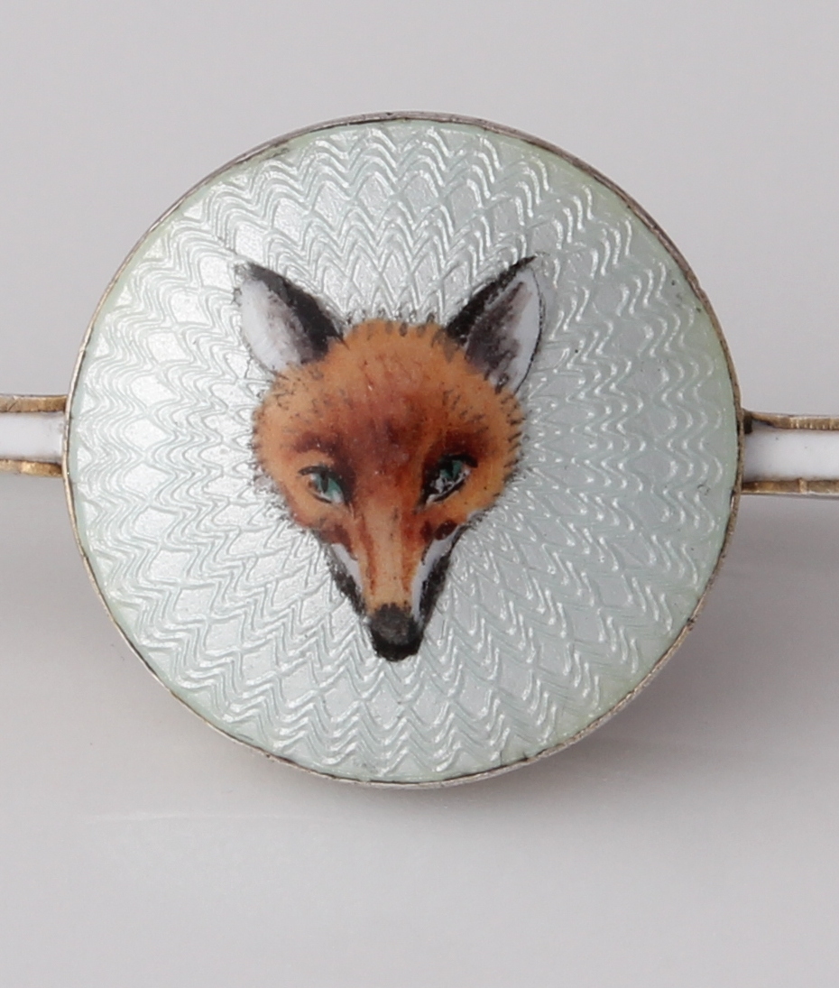 Vintage Silver and White Guilloche Enamel Fox Head Bar Brooch or Tie