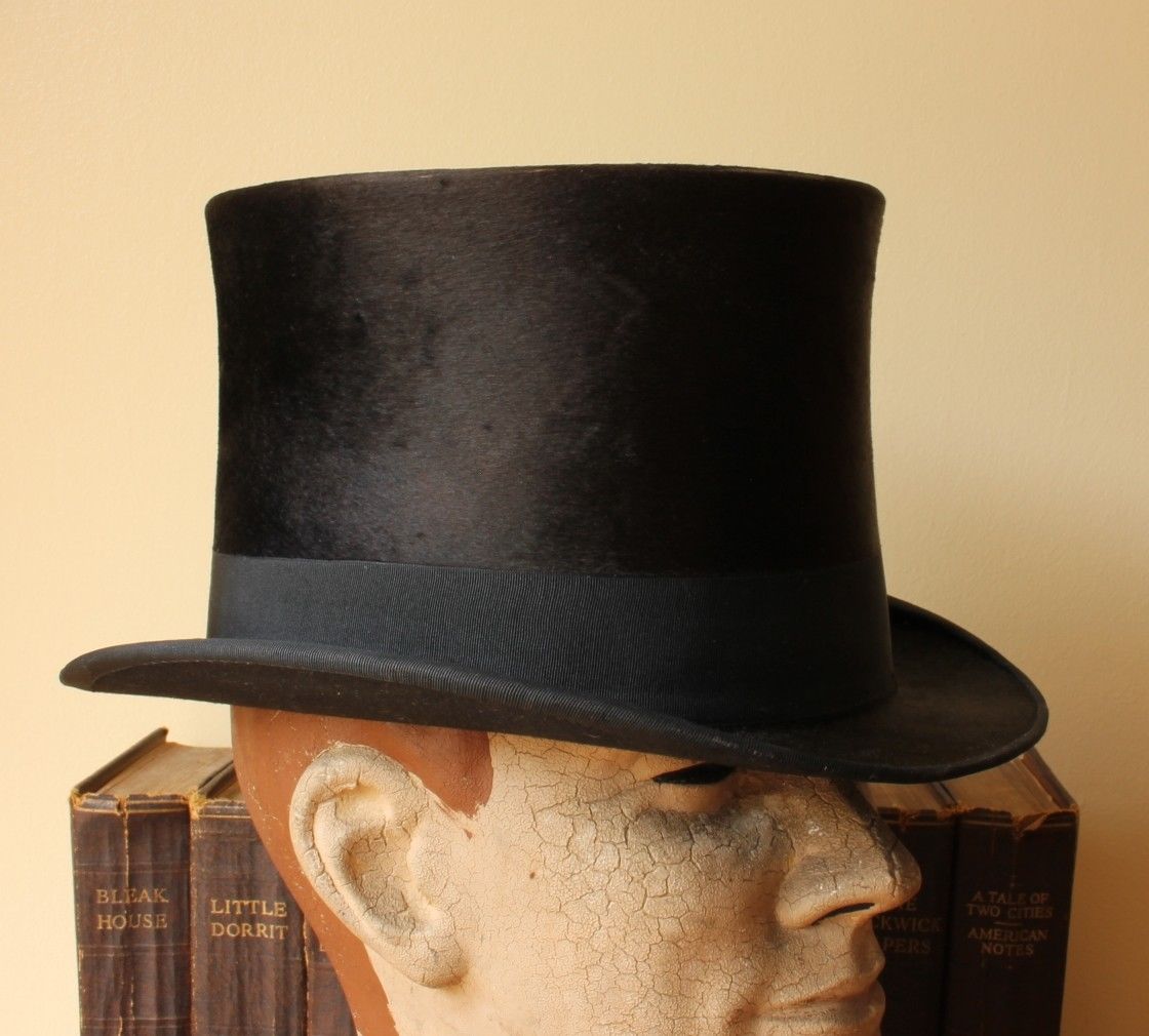 Large Antique Top Hat. Vintage Black Moleskin Silk English Hat Co Large