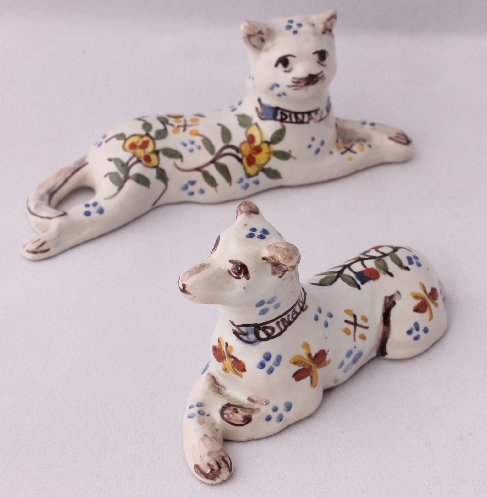 Antique French Art Pottery Faience Cat & Dog Figures. Hand Painted