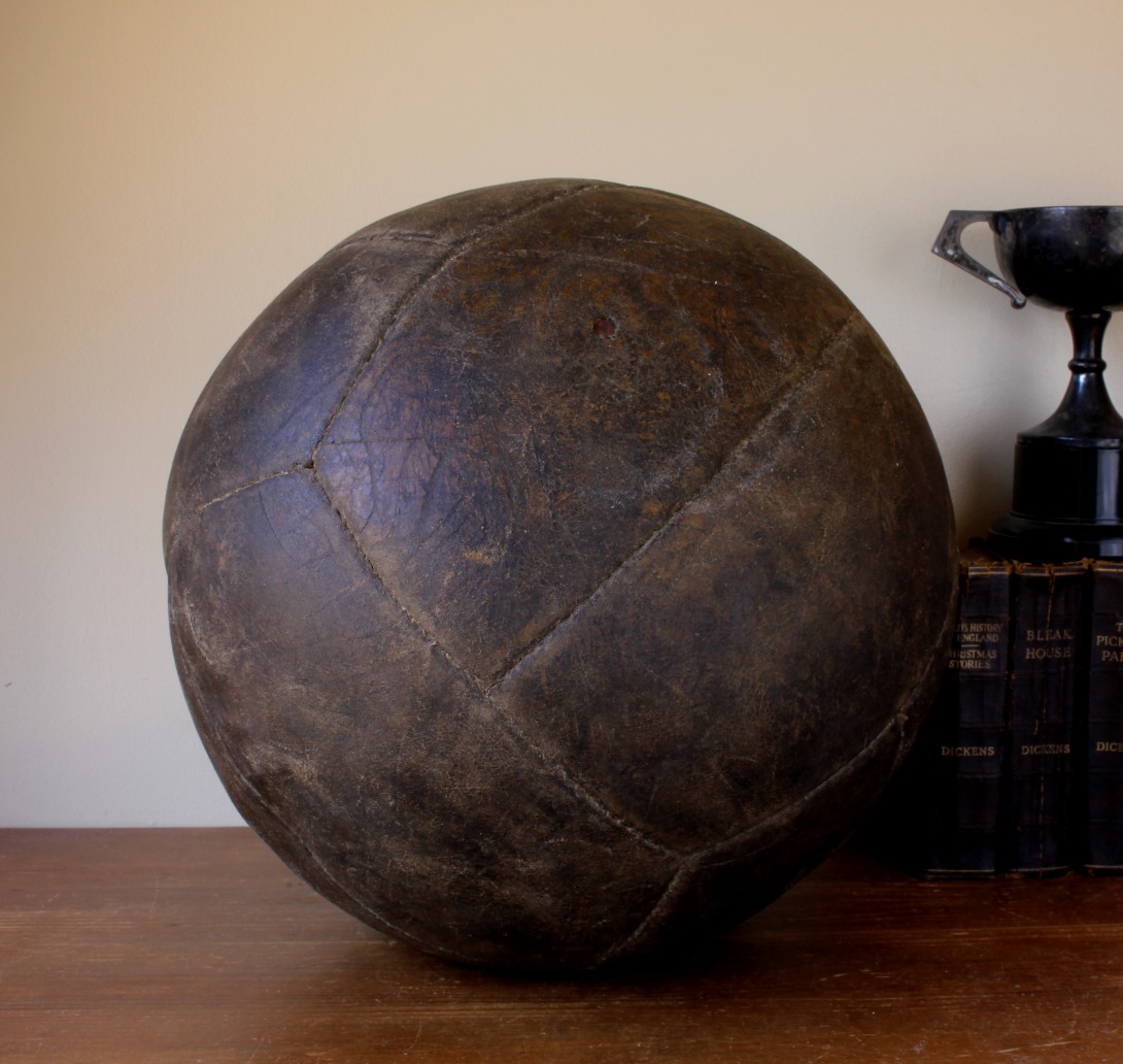 Large Brown Leather Football Medicine Ball. Gym Ball. Footstool.