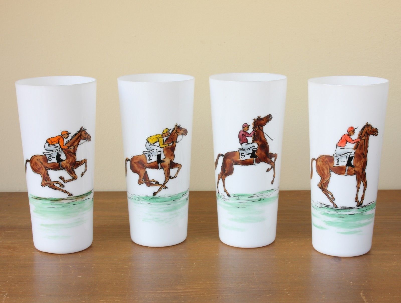 Vintage Opaline Horse Racing Jockey Beakers. 4 Hand Painted Equestrian