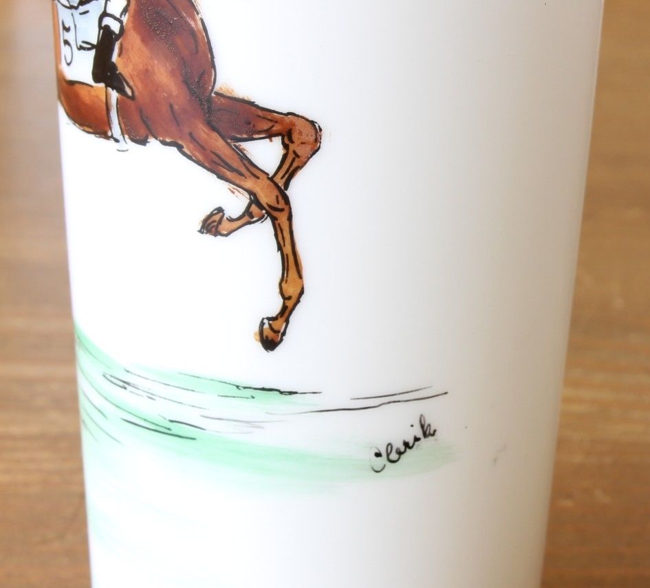 Vintage Opaline Horse Racing Jockey Beakers. 4 Hand Painted Equestrian
