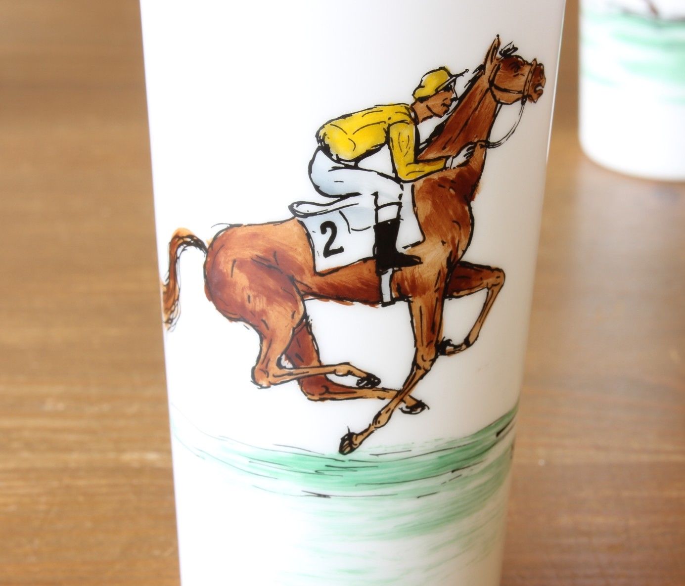 Vintage Opaline Horse Racing Jockey Beakers. 4 Hand Painted Equestrian