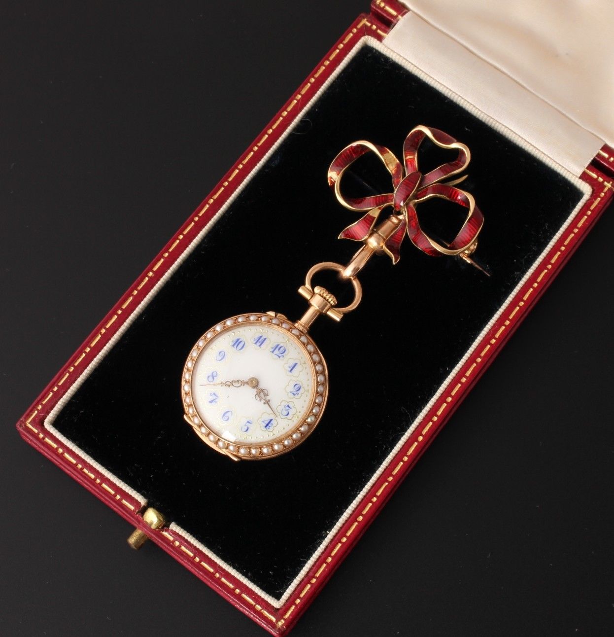 Antique French 18ct Gold Enamel & Seed Pearl Ladies Ribbon Brooch