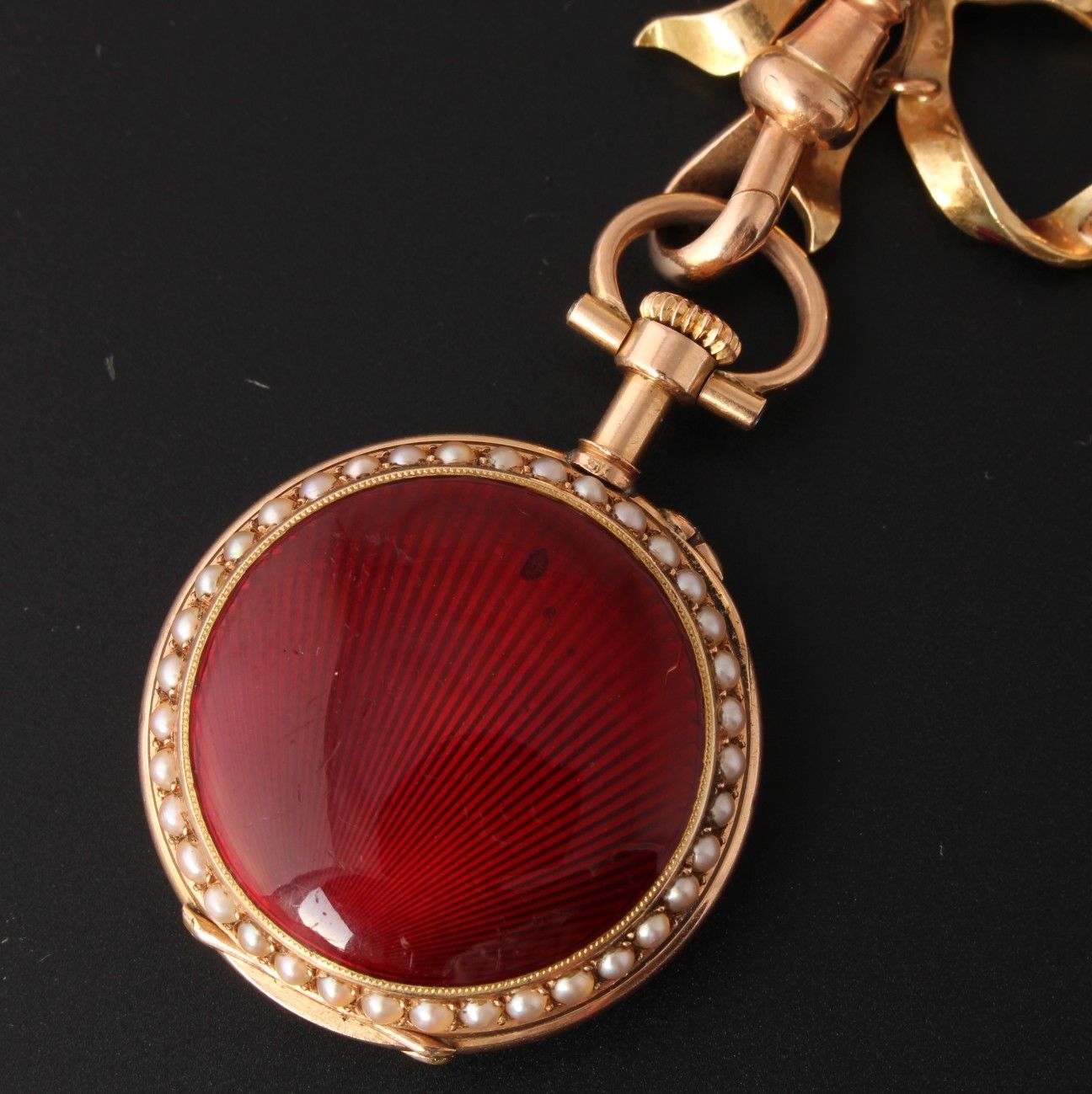 Antique French 18ct Gold Enamel & Seed Pearl Ladies Ribbon Brooch Pocket Watch.