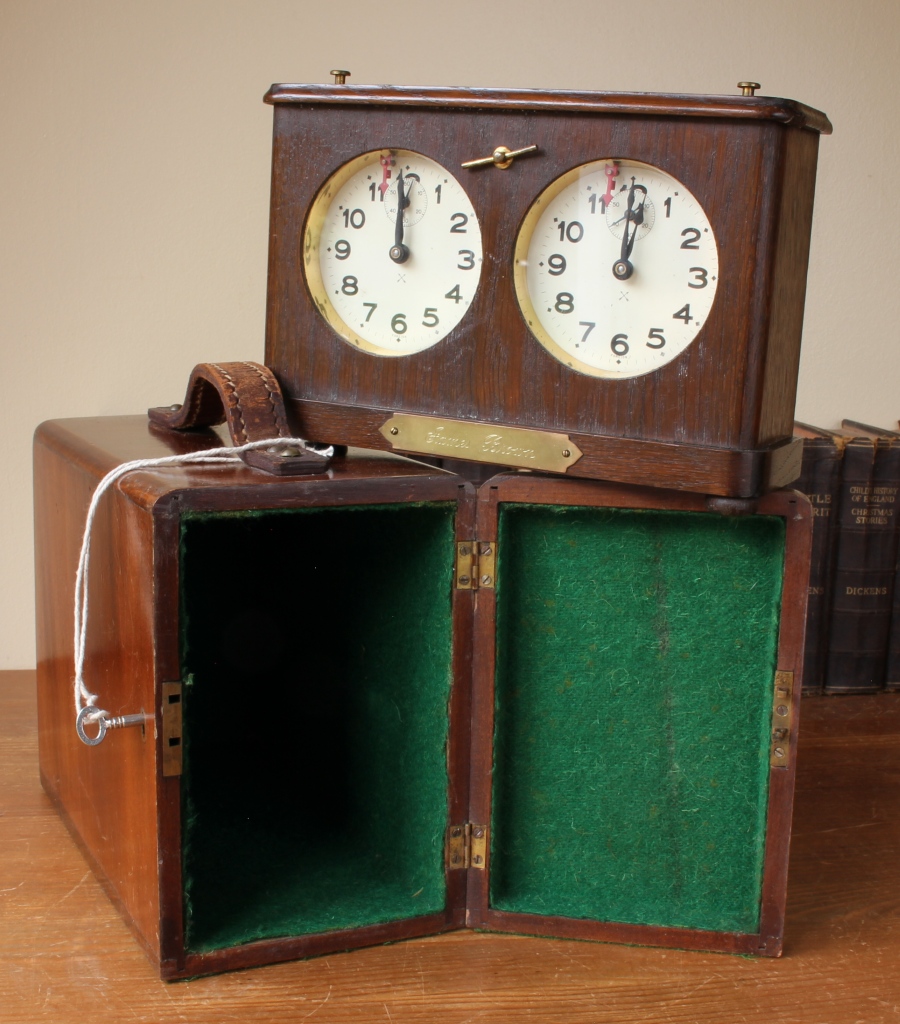 1920's German HAC Wooden Chess Clock Timer with Locking Wood Carry Case.
