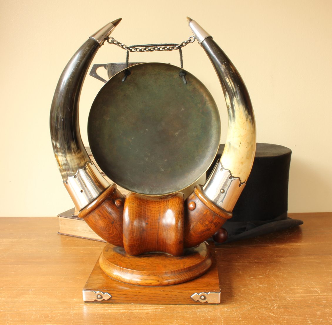 Antique Dinner Gong. English Oak, Cattle Horn, Silver Plate & Brass.