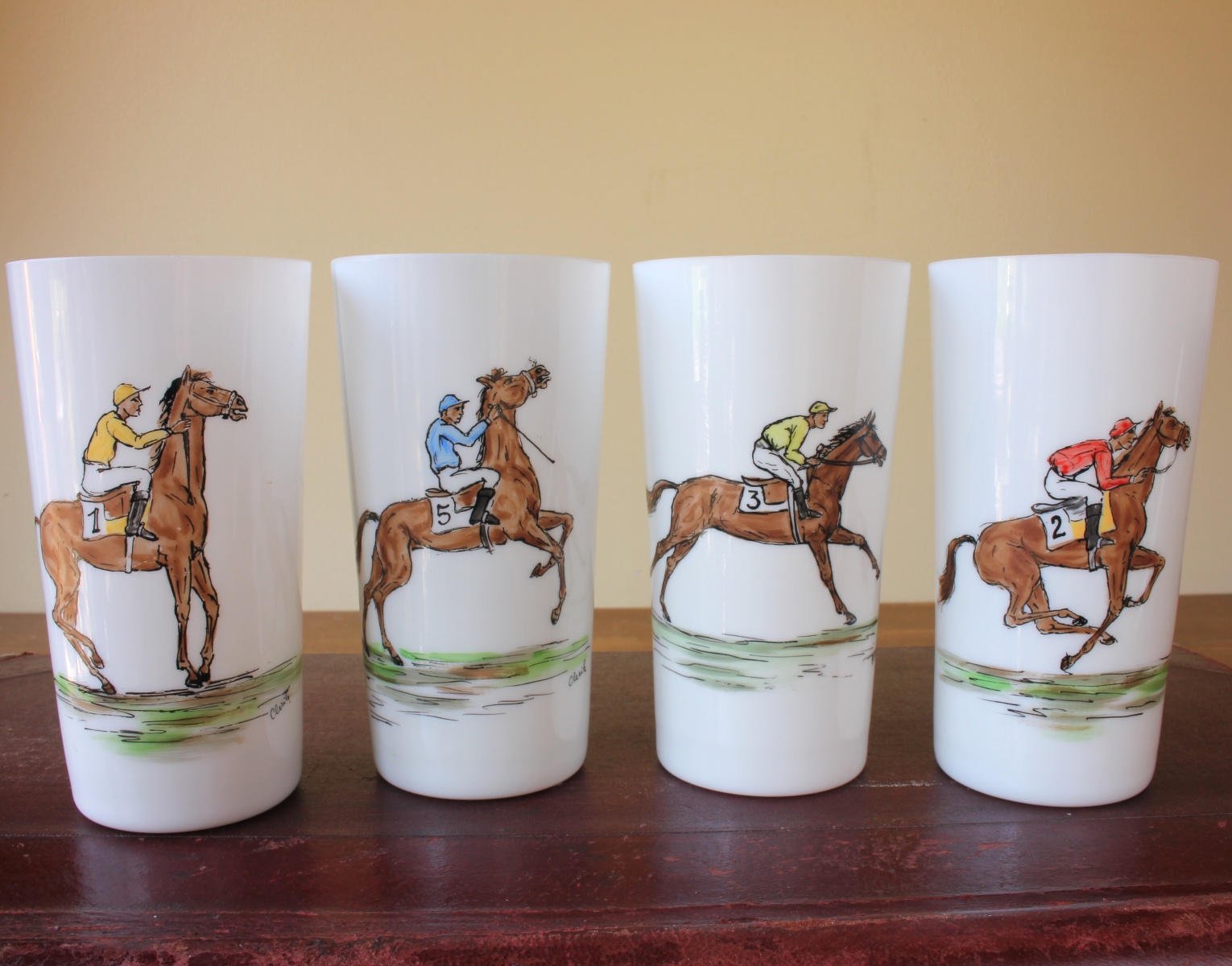 4 Vintage Hand Painted Opaline Horse Racing Jockey Beakers / Glasses.