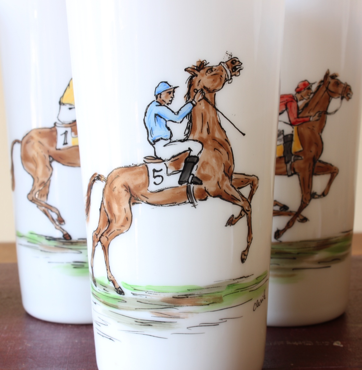 4 Vintage Hand Painted Opaline Horse Racing Jockey Beakers / Glasses.