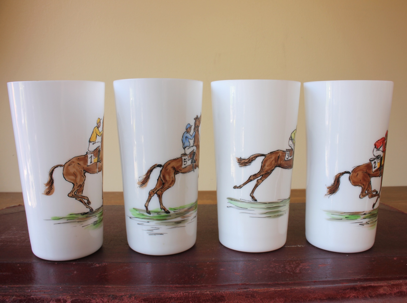 4 Vintage Hand Painted Opaline Horse Racing Jockey Beakers / Glasses.