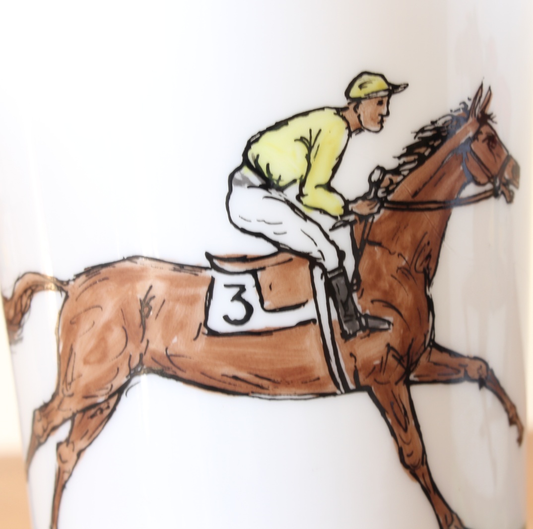 4 Vintage Hand Painted Opaline Horse Racing Jockey Beakers / Glasses.