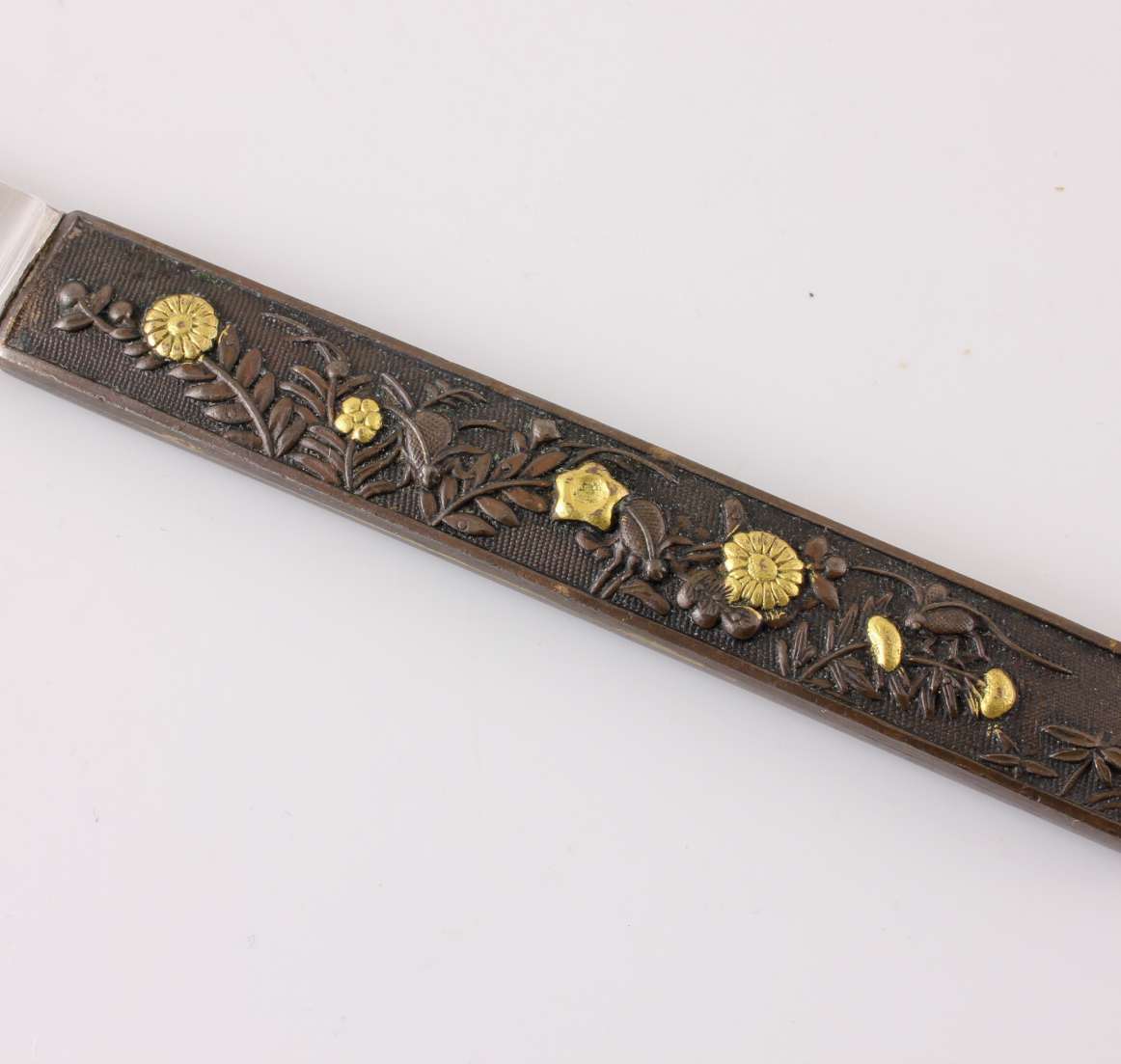Kozuka Handled Floral Flower Letter Opener. Japanese Silver Gold. Meiji.