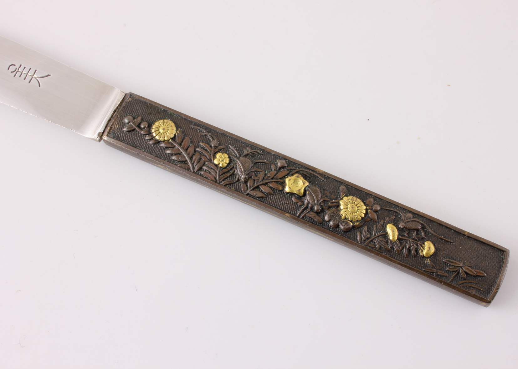 Kozuka Handled Floral Flower Letter Opener. Japanese Silver Gold. Meiji.