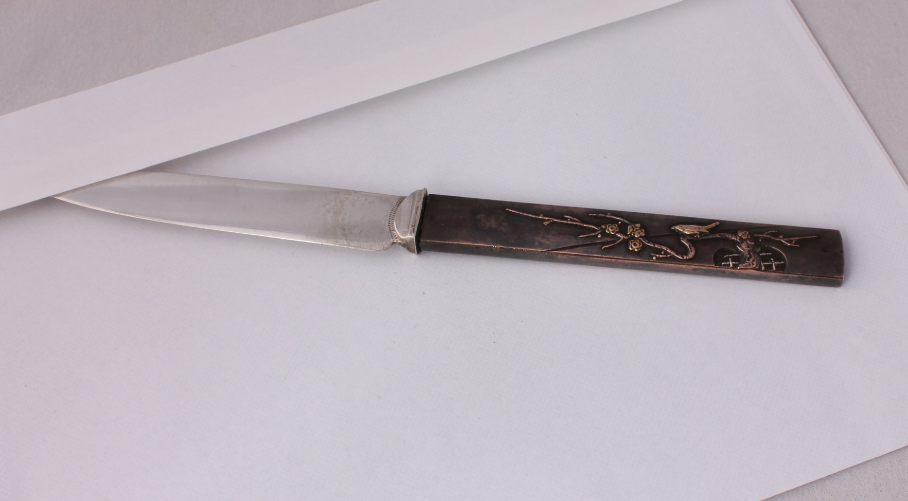 Antique Japanese Meiji Period Bronze Letter Opener. Silver Plated. Bird
