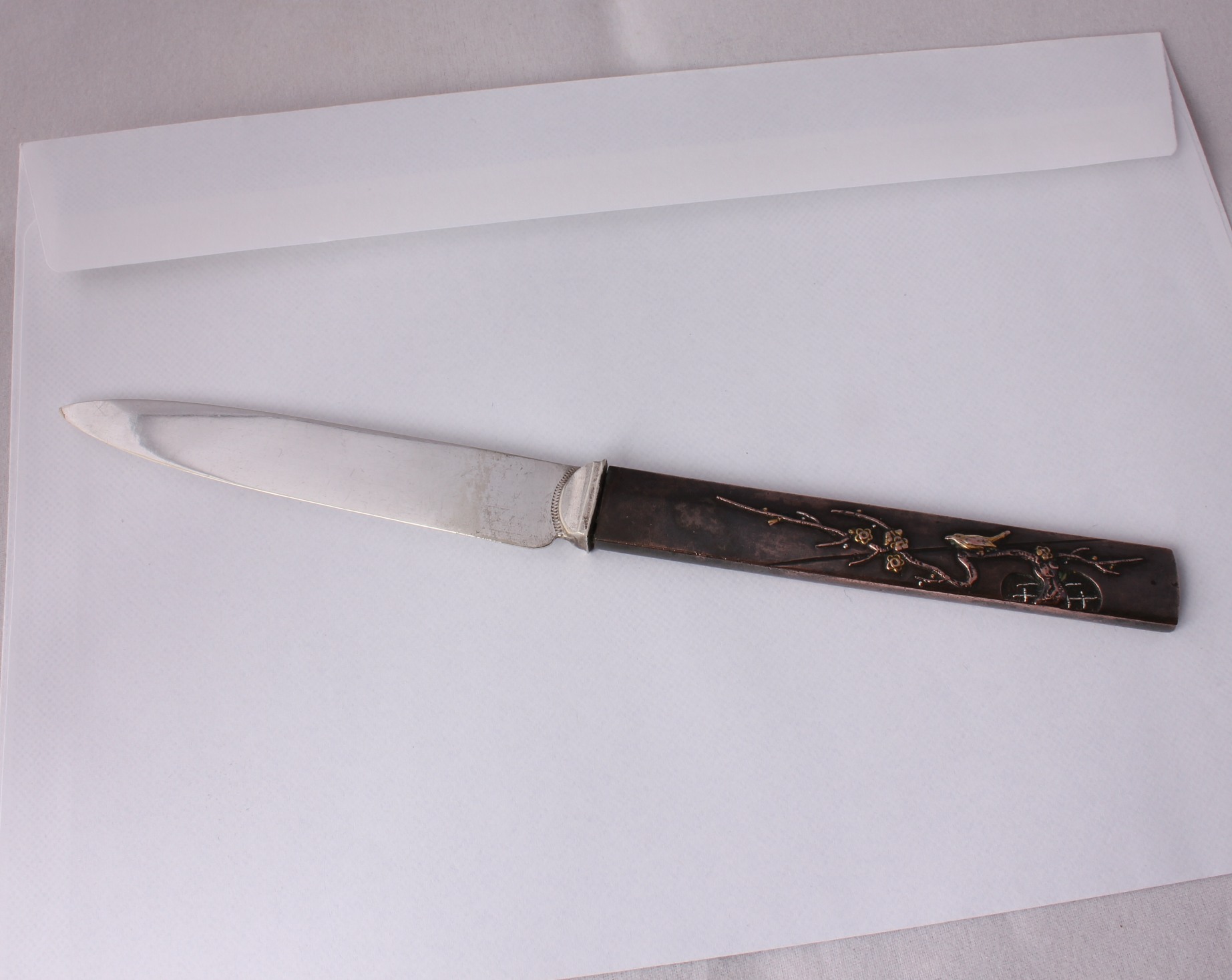 Antique Japanese Meiji Period Bronze Letter Opener. Silver Plated. Bird