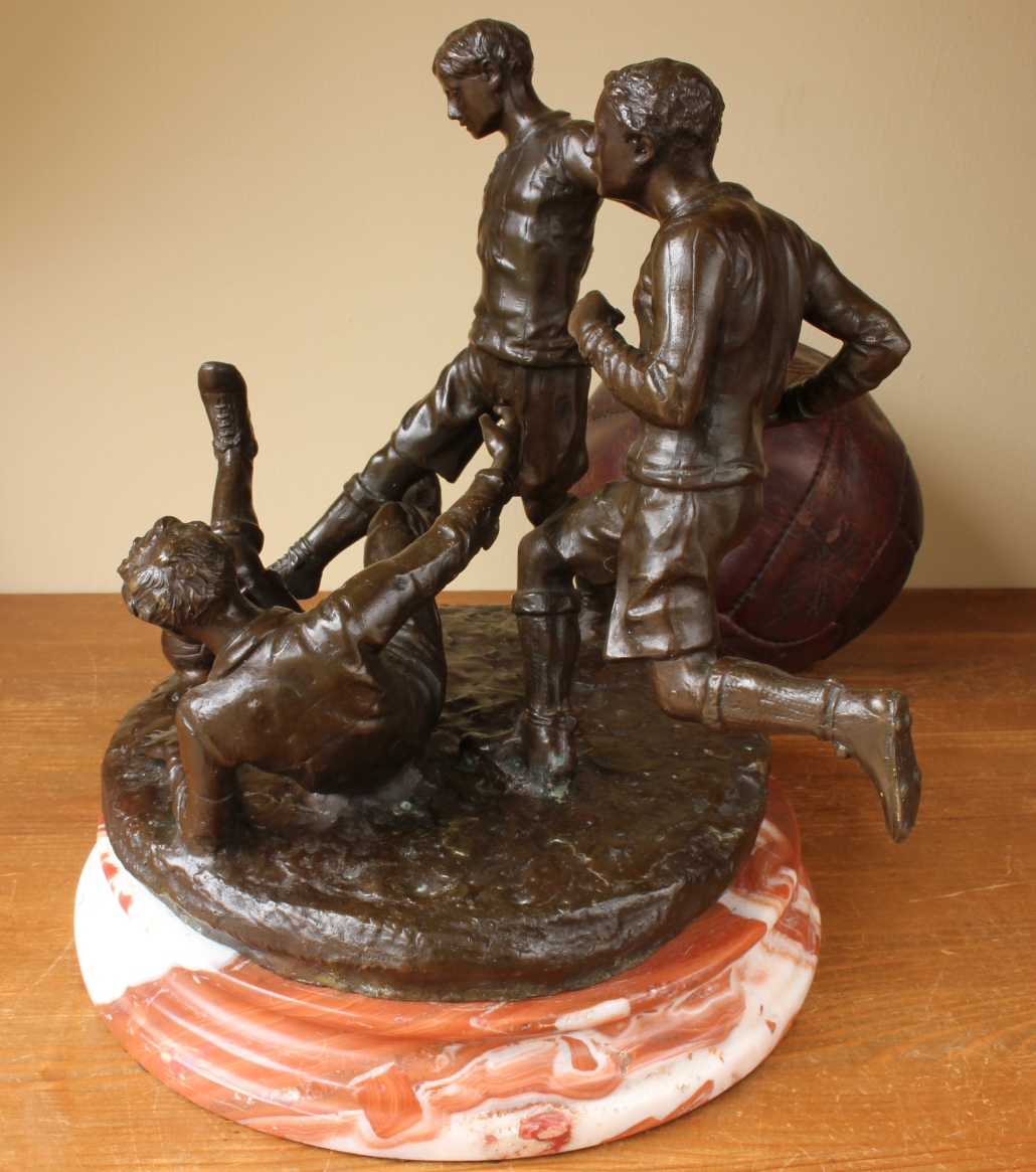 Large Bronze Football Statue. Figure Of Victorian Soccer Players.