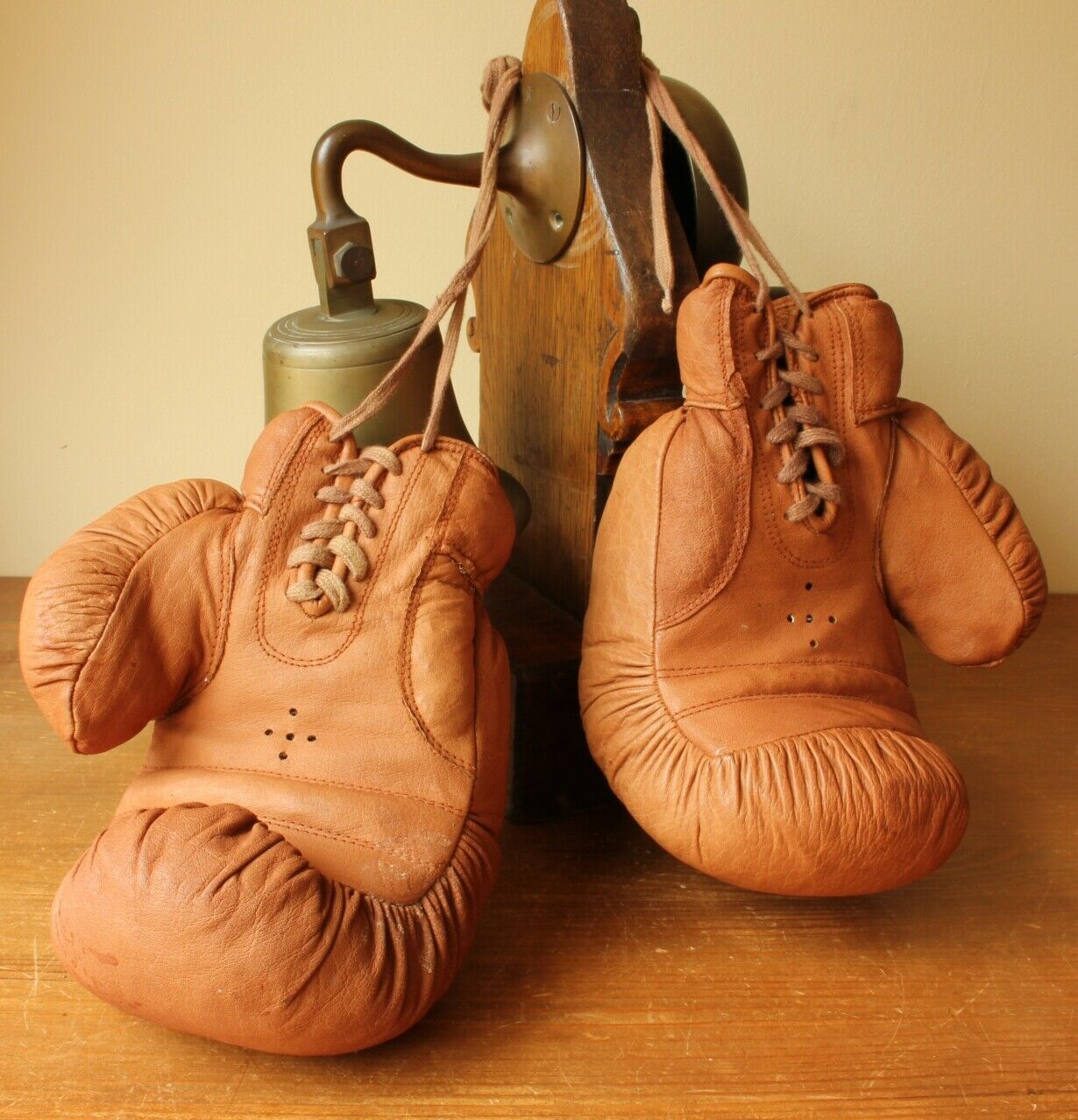 Light Brown Leather Straw Filled Boxing Gloves. c1930's.
