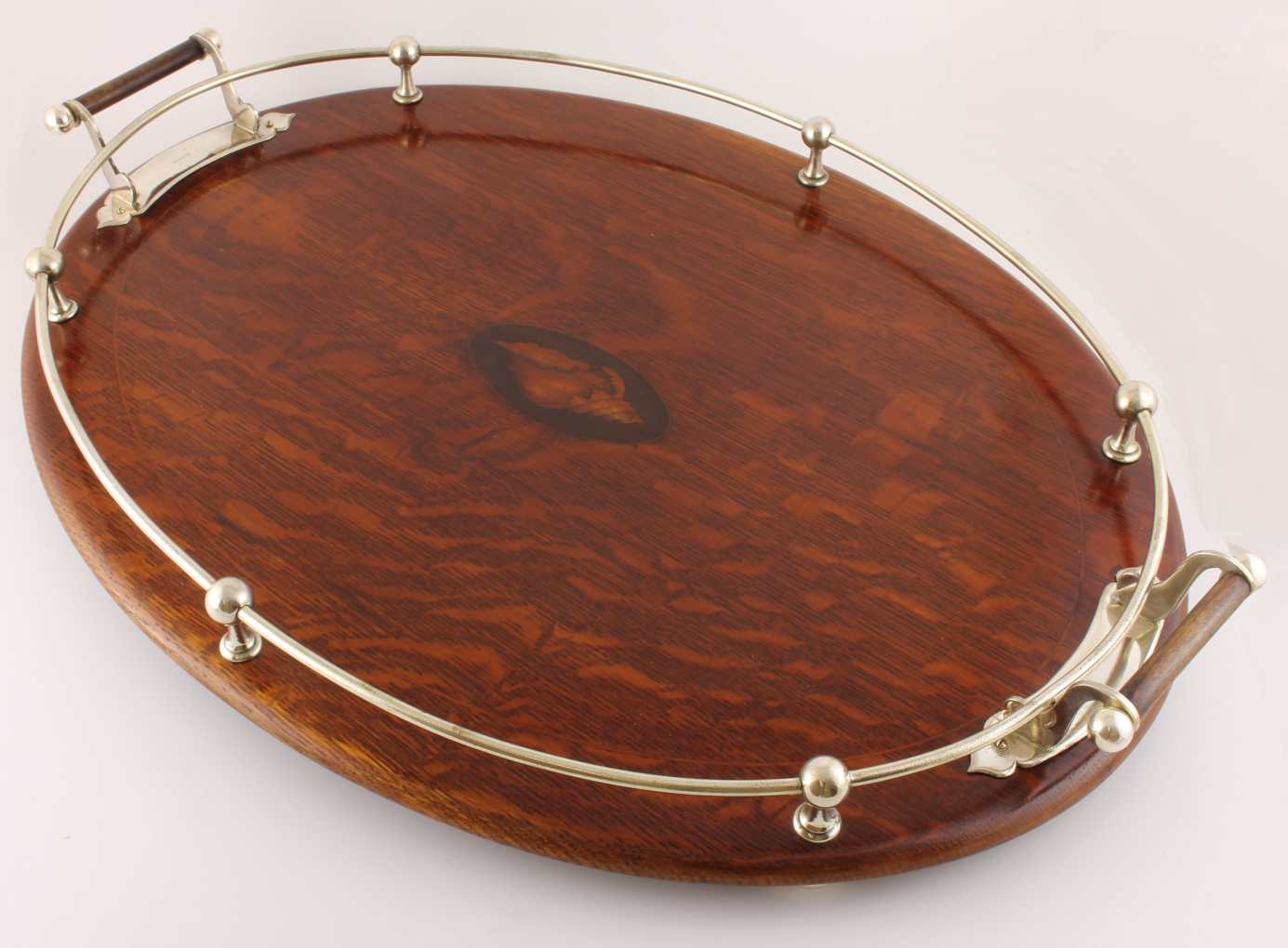 English Oak Silver Plated Gallery Tray. Large Oval Cocktail Tray. c1900.
