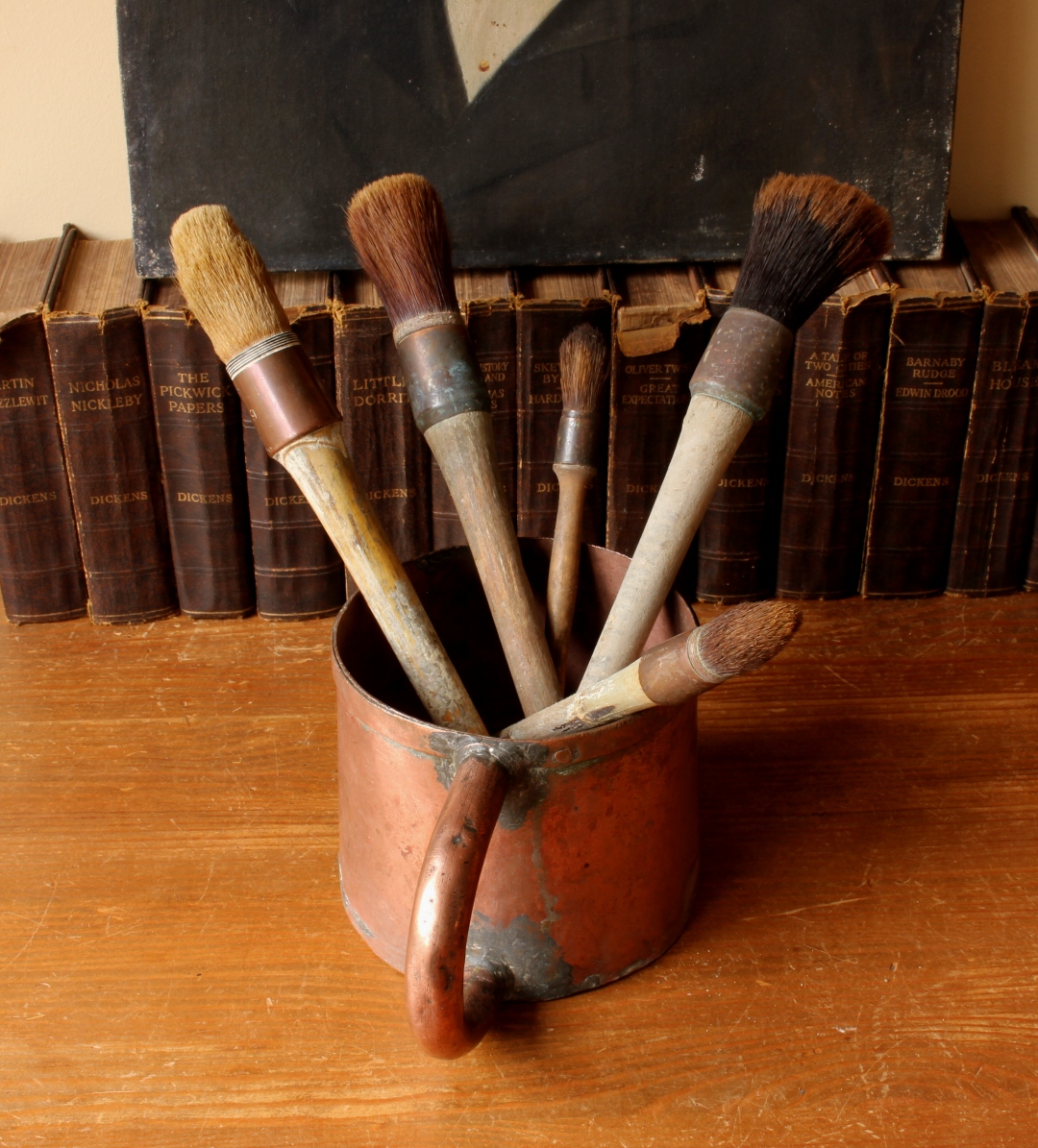 French Rustic Copper Pot & Paint Brushes. Measure Mug Home Decor Display.